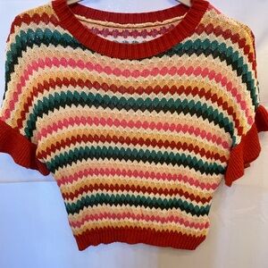 Retro Diamond Knit Striped Crop Sweater Short Sleeve Multicolor Vintage-Inspired